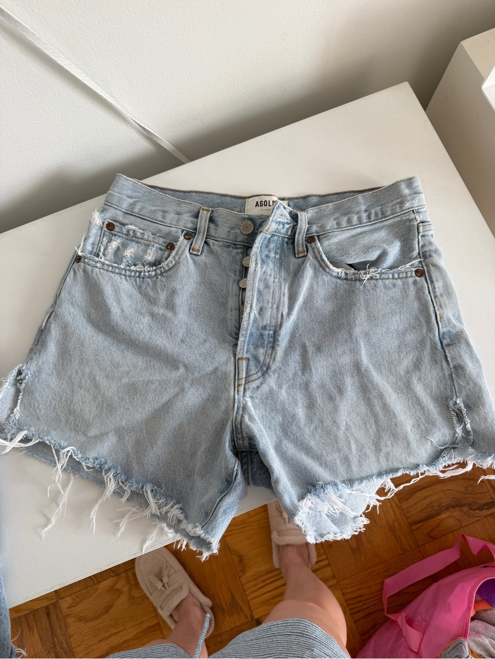 Agolde Light Blue High-Rise Distressed Denim Shorts
